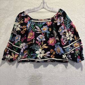 C&C California Linen Floral Square Neck Puff Sleeve Boxy Top Blouse Womens Small